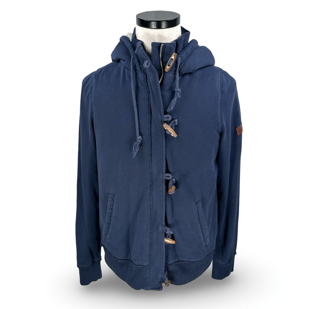 Y2K‎ Hollister Sherpa Jacket Women’s Large Navy Blue Hooded Horn Toggle Full Zip